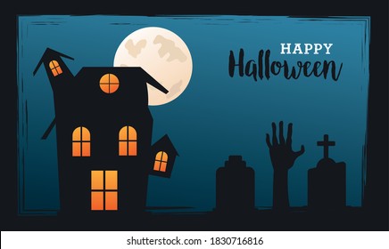 happy halloween celebration with house haunted in cemetery vector illustration design