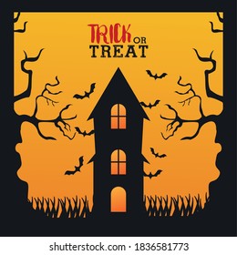 happy halloween celebration with house haunted and bats flying vector illustration design