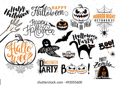 Happy Halloween celebration icon label templates with scary symbols - zombie hand, bat, halloween pumpkin, cat, boo, ghost, spider, spiderweb. Retro element for Halloween party posters, invitations