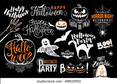 Happy Halloween celebration icon label templates with scary symbols - zombie hand, bat, halloween pumpkin, cat, boo, ghost, spider, spiderweb. Retro element for Halloween party posters, invitations