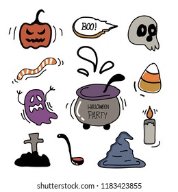 Happy Halloween celebration icon stickers with zombie, boo, ghost, pumpkin, halloween food, poster, spider, death coffin, candle, skull and earthworm. Trick or treat hand drawn elements set.