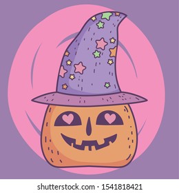 happy halloween celebration lovely pumpkin with hat vector illustration