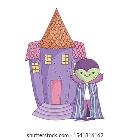 happy halloween celebration monster character and castle vector illustration