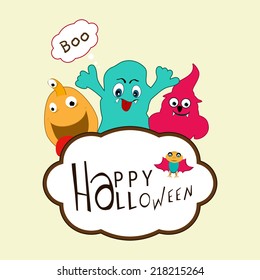 Happy Halloween celebration with monsters and stylish text on beige background. 