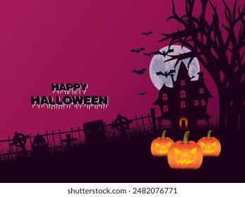 Happy Halloween celebration party moon bats flying background with pumpkin