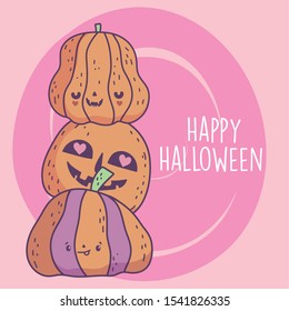 happy halloween celebration pile scary pumpkins vector illustration