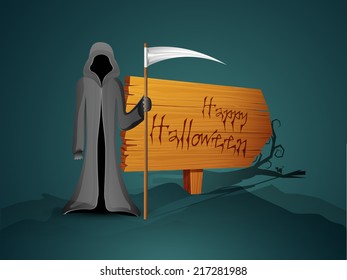 Happy Halloween celebration poster, banner or flyer design with vampire and wooden board in night background. 