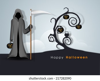 Happy Halloween celebration poster, banner or flyer design with vampire, dead tree branch on grey background.