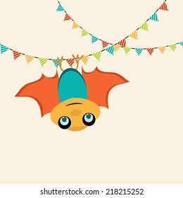 Happy Halloween celebration poster, banner or flyer design with hanging bat on beige background. 