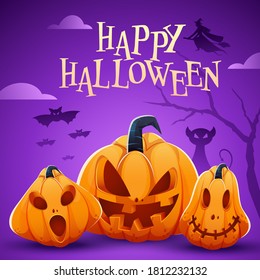 Feliz diseño de afiches de celebración de Halloween con calabazas Jack-O-Lanterns, gatos aterradores, brujas y murciélagos volando sobre fondo morado.