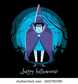 Happy Halloween Celebration Poster Design with Cartoon Vampire Man Wearing Top Hat and Graveyard on Full Moon Black Background.