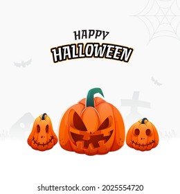 Happy Halloween Celebration Poster Design With Scary Pumpkins On White Background.