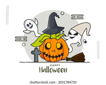 Happy Halloween Celebration Poster Design With Scary Pumpkin Wearing Witch Hat And Cheerful Ghosts On White Background.