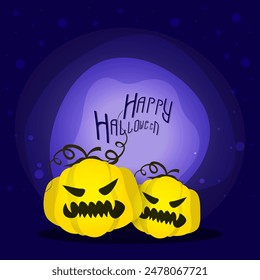 Diseño de póster de la celebración de Halloween feliz con calabazas de miedo sobre fondo púrpura.