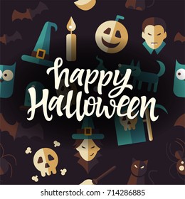 Happy Halloween - celebration poster on seamless dark background with scary symbols - owl, vampire, witch hat and broom, pumpkin, black cat, spiders, werewolf. Hand drawn brush pen lettering