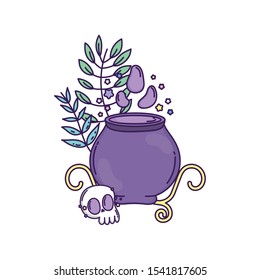 happy halloween celebration potion cauldron skull branch leaves vector illustration