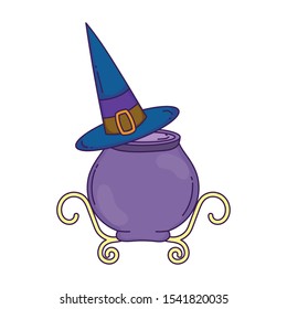 happy halloween celebration potion cauldron witch hat vector illustration