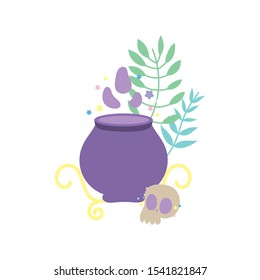 happy halloween celebration potion cauldron skull branch leaves vector illustration