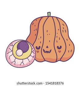 happy halloween celebration pumpkin and creepy eye decoration vector illustration