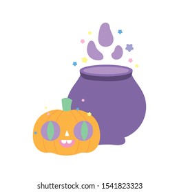 happy halloween celebration pumpkin and spell cauldron vector illustration