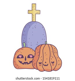 happy halloween celebration pumpkins gravestone with cross vector illustration