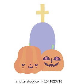 happy halloween celebration pumpkins gravestone with cross vector illustration