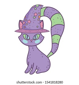 happy halloween celebration purple cat sitting with hat on white background vector illustration