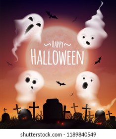 Happy halloween celebration realistic poster with 4 ghosts floating above graveyard and bats at sunset vector illustration 