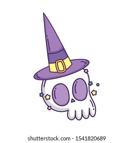 happy halloween celebration scary skull with hat cartoon vector illustration