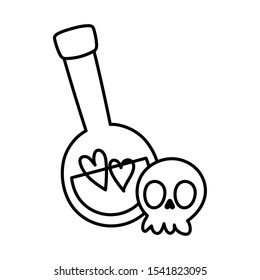 happy halloween celebration scary skull and potion bottle cartoon vector illustration thick line