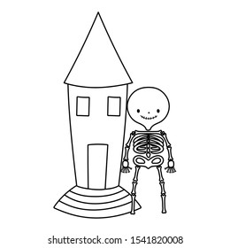 happy halloween celebration skeleton character and castle vector illustration line style