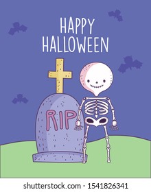 happy halloween celebration skeleton and gravestone cross bats vector illustration