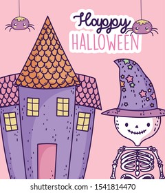happy halloween celebration skeleton with hat and castle vector illustration