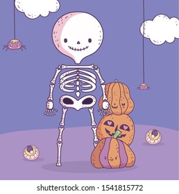 happy halloween celebration skeleton with pumpkins and creepy eyes vector illustration