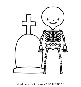 happy halloween celebration skeleton and tombstone with cross vector illustration line style
