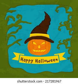 Happy Halloween celebrations poster, banner or flyer design with pumpkin in witch hat on dead trees decorated blue background. 