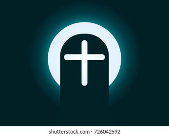 Happy Halloween, cemetery with full moon. Gravestone with cross. Night of all saints. Granite tombstone. Vector illustration