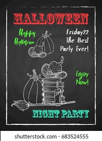 Happy halloween chalk poster for party. Textured blackboard and witch accessories. Pumpkin, hat, stack of books, broom and candle.Template for advertising design.