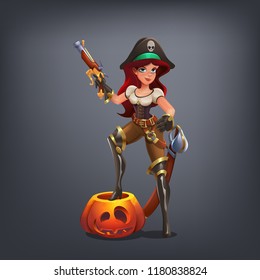 Happy Halloween character - beautiful girl pirate with pumpkin isolated on dark background. Vector illustration.