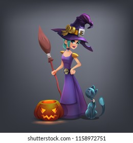 Happy Halloween character - beautiful witch with pumpkin and cute cat isolated on dark background. Vector illustration.