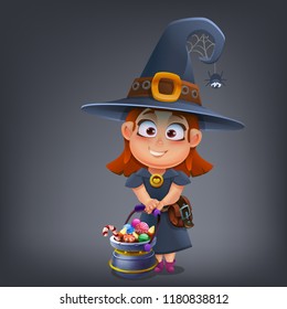 Happy Halloween character - beautiful witch with candies in a pot isolated on dark background. Vector illustration.