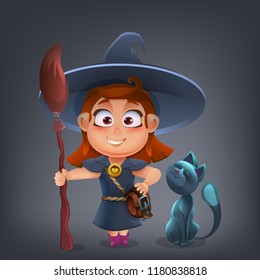 Happy Halloween character - beautiful witch with cute cat and broomstick isolated on dark background. Vector illustration.
