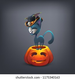 Happy Halloween character - cute cat in the hat, standing on a pumpkin isolated on dark background. Vector illustration.