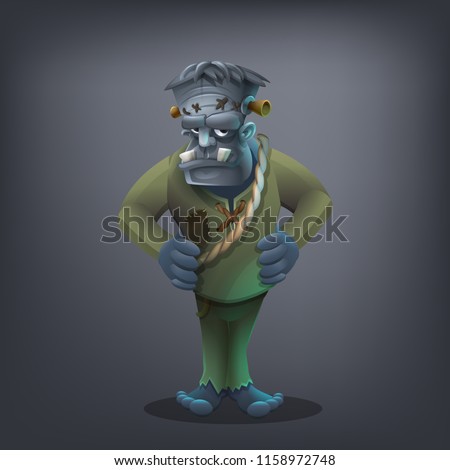 Happy Halloween character - cute Frankenstein isolated on dark background. Vector illustration.