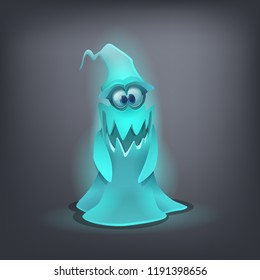 Happy Halloween Charakter - süßer Geist einzeln auf dunklem Hintergrund. Vektorgrafik.