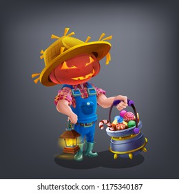 Happy Halloween character - cute guy in costume farmer with pumpkin on the head and lantern in hand isolated on dark background. Vector illustration.