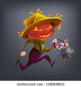 Happy Halloween character - cute guy run with pumpkin on the head and candys in pot isolated on dark background. Vector illustration.