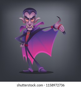 Happy Halloween character - cute vampire isolated on dark background. Vector illustration.