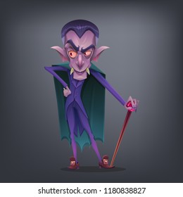 Happy Halloween character - cute vampire Dracula with cane and vintage suit isolated on dark background. Vector illustration.
