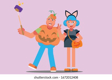 Happy Halloween character - An illustration of a boy wearing a pumpkin costume take a picture with a girl using a cat dress.